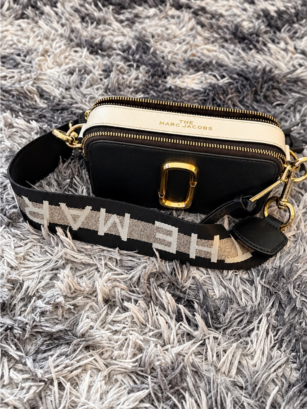 Marc Jacobs Black and Cream Snapshot Crossbody with Logo Strap